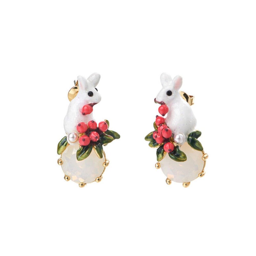 Les Nereides Snow Rose Rabbit And Stone Stud Earring